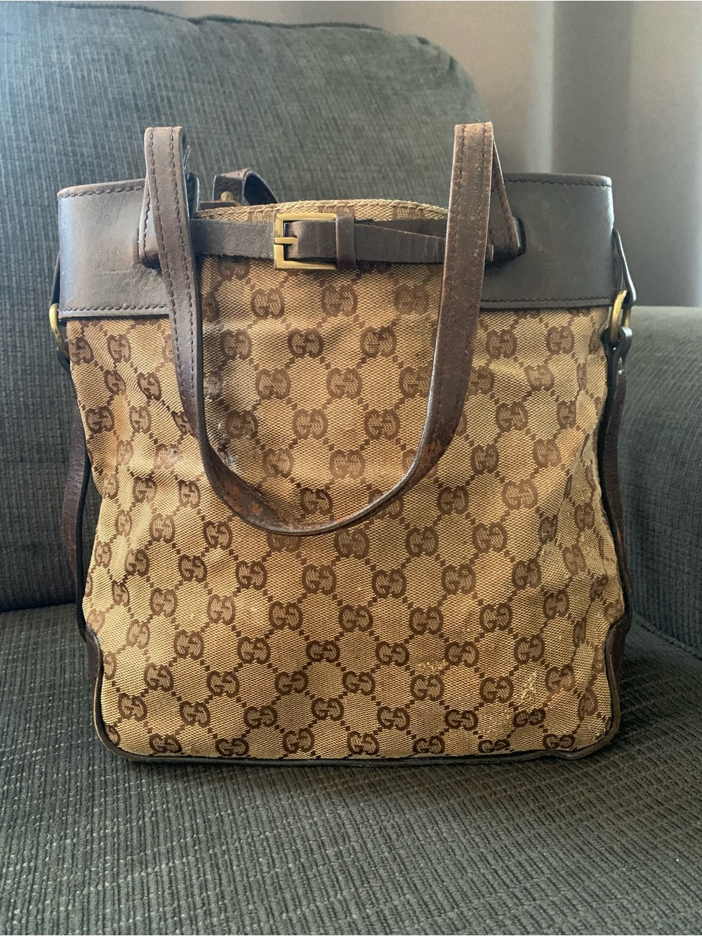 Gucci Brown Monogram Shoulder Bag with Leather Trim
